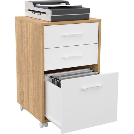 Idmarket – Caisson de bureau JON 3 tiroirs blanc et bois – Dimensions 43x40x65 cm – Support imprimante avec roulettes – Rangement optimisé pour bureau
