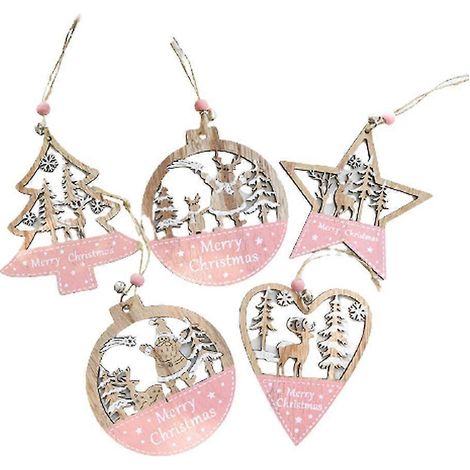 5 décorations de Noël roses : pendentif en bois, étoiles, sapin de Noël, cœur et Père Noël. (1/5)