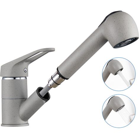 Auralum Grifo Cocina con Ducha Extraible 70cm, Grifo de Fregadero con 2 Modos de Rociador, Giratorio a 360° Grifo Fregadero Monomando, Agua Frío y Calor Regulable, Gris Granito (1/5)