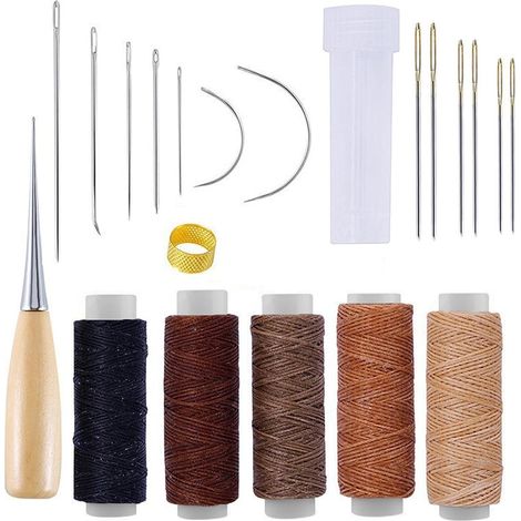 Lot de 21 outils de couture pour cuir 5 rouleaux de fil ciré 13 aiguilles à main Poinçon et dé à coudre Bouteille de rangement Idéal pour coussins, tapis et canapés (1/5)