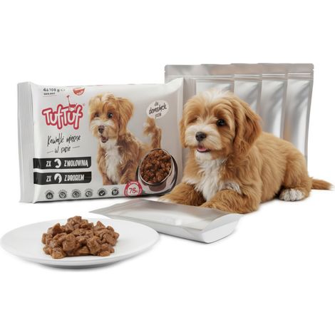 Cibo umido per cani TufTuf: 2 confezioni al gusto di pollame, 2 confezioni al gusto di manzo, 4 bustine da 100 g. (1/4)