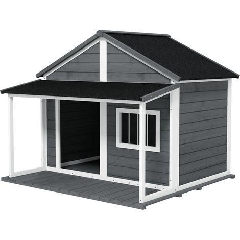 Niche d'extérieur pour chien avec terrasse et toit en bitume, en bois, 124 x 112 x 105 cm, grise