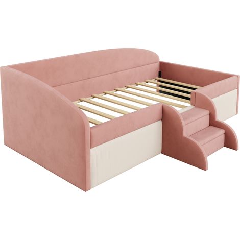Lit enfant capitonné 90 x 190 cm en velours rose et blanc avec marches et barrières (1/5)