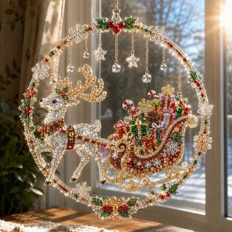 Nouvelle peinture diamant acrylique attrape-soleil de Noël - Cadeaux sur un traîneau - 25 cm
