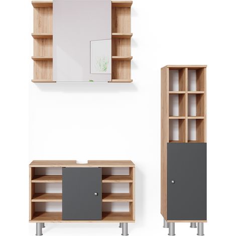 Badmöbel-Set Fynn, Goldkraft Eiche, 3 Teile, mit Midischrank Tür groß, Vicco