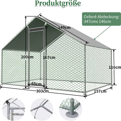 Enclos métallique 3x1,5x2m pour volailles, verrou de sécurité et bâche PE imperméable, adapté aux poules, lapins et petits animaux domestiques (1/5)