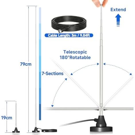 Antenne Radio Dab FM Amplifiée Intérieure Télescopique 79 cm 75 ohm Base Magnétique, Câble 3 m, pour Ampli Tuner FM Dab +, Chaîne HiFi, Home Cinéma, Bose Wave System, Récepteur Stéréo AV Maison (1/4)