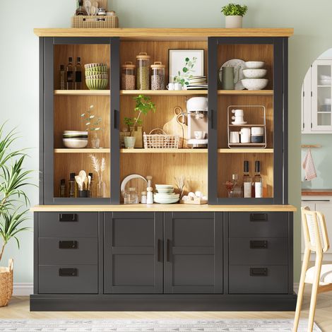 Buffet de cuisine - 6 tiroirs spacieux et vitrine - avec dispositif anti-basculement - mdf - 140 x 40 x 185 cm - noir (1/5)