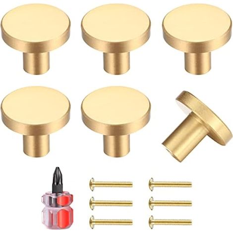 6 Stück runde Schrankknöpfe, goldene Messing schubladenknöpfe, Tür Küchenbeschläge, Edelstahl Einlochgriff mit Schrauben für Schrank, Kleiderschrank, mit einem Schraubendreher (1/5)