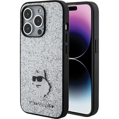 Karl Lagerfeld KLHCP15XGCNPSG iPhone 15 Pro Max 6,7" silber/silber Hartschalenetui mit festem Glitzer-Choupette-Logo-Metallpin (1/5)
