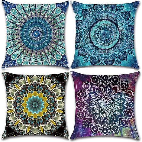 taie D'oreiller, Lot De 4 En Coton 45 X 45 Cm Et Lin Imprim Hippie Bohmien Bleu Mandala Fleur Housse De Coussin Carr Pour Lit Voiture De La Maison (1/5)