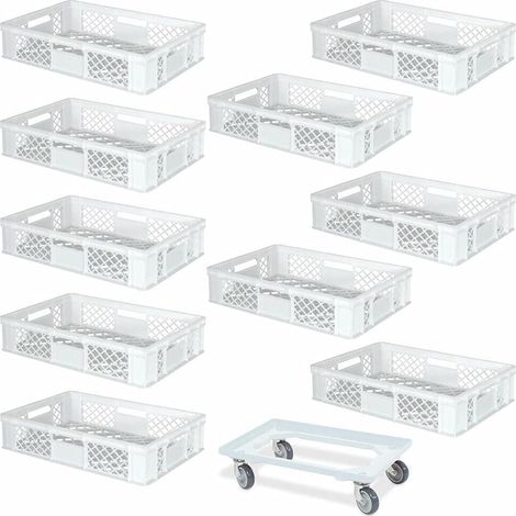 BRB Lot de 10 bacs Euro 600 x 400 x 150 mm (L x l x H) - Qualité industrielle - Convient à un usage alimentaire + 1 chariot de transport - Blanc (1/2)