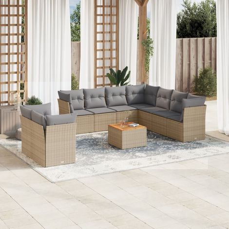 Ensemble Salon Jardin 10 Places Résine Tressée Beige avec Coussins Gris - Table Acacia, Meuble Extérieur Modulaire (1/3)