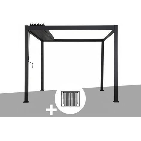 Pergola bioclimatique toit rétractable Evora Graphite - 4 x 3 m + 2 lots de portes coulissantes côté 3 m polycarbonate - Hespéride