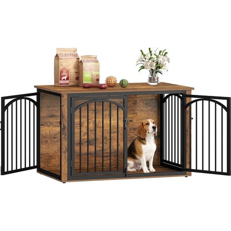 Cage pour Chien, 100cm Meuble Cage Chien et 4 Portes, Cages Bois pour Chiens, Table d'appoint, pour Chiens de Taille Moyenne à Grande, Niche D'intérieur,Marron et Noir