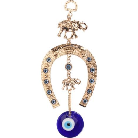 Wanddekoration „Glücksbringer mit blauem Auge“, goldenem Elefanten und Hufeisen fürs Büro (1/5)