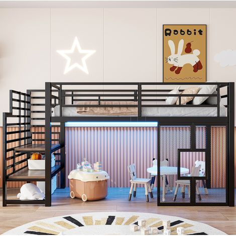 Cama alta metálica 90x200 cm con escalera, almacenaje, LED y ventanas, negro OKWISH (1/5)