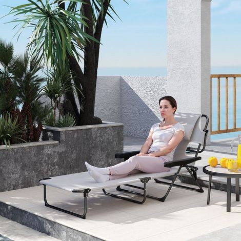 Tumbona de Jardín Plegable con Respaldo Ajustable en 4 Niveles Orificio de Lectura y Reposacabezas 145x72x89 cm Crema