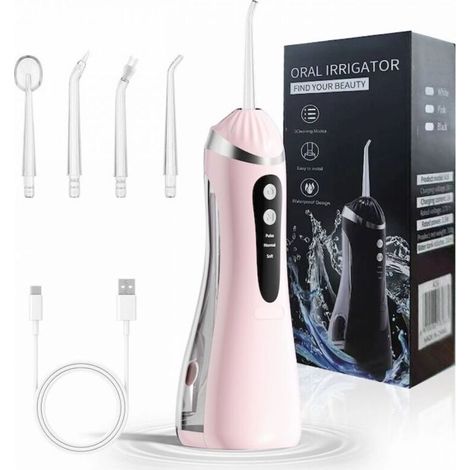 Irrigateur buccal rose - 4 buses - 3 modes - Réservoir 200ml - IPX6 étanche - 1600 pulses/min - Batterie 1200mAh (1/5)