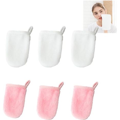Lot de 6 serviettes démaquillantes réutilisables (blanches et roses) - gants nettoyants pour le visage - gants écologiques 11 x 9 cm (1/5)