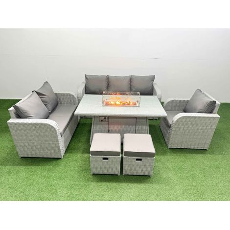 Fimous Patio PE Wicker 8 Seater Outdoor Rattan Furniture Sofa Sets with Firepit Dining Table Reclining Chair Loveseat Sofa 3 Seater Sofa Stool Light Grey (1/4)
