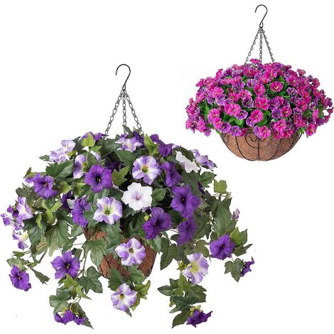 Fleurs artificielles suspendues avec panier – Résistantes aux UV – pour porche ou terrasse – 1 pièce (1/4)