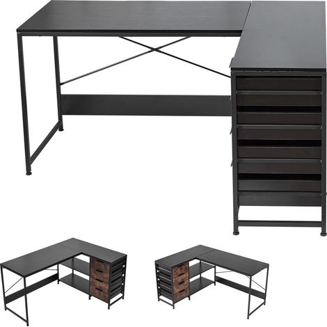 Mophorn Scrivania per Computer Angolare Reversibile, Tavolo da Gioco con Lunghezza di 150 cm, Dotato di 4 Cassetti in Legno e 2 Ripiani Portaoggetti, Ideale per Ufficio e Casa (1/5)