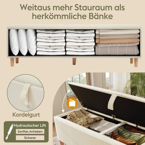 Banc de rangement hydraulique 165x38 cm en velours côtelé beige,pratique pour chambre,salon et couloir. (1/5)