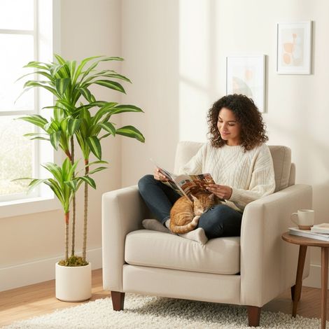 Arbre dracaena artificiel de 120 cm avec tronc flexible et pot blanc pour salon, chambre, bureau (1/4)