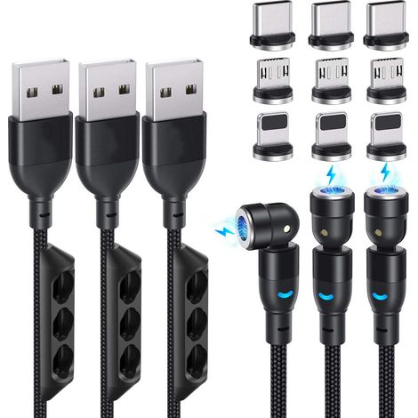 Câble de charge magnétique Gen2 540° en nylon tressé, charge rapide 3 A, câble de données magnétique universel 3 en 1, chargeur magnétique pour téléphone compatible avec micro USB, USB-C et appareils (1/5)