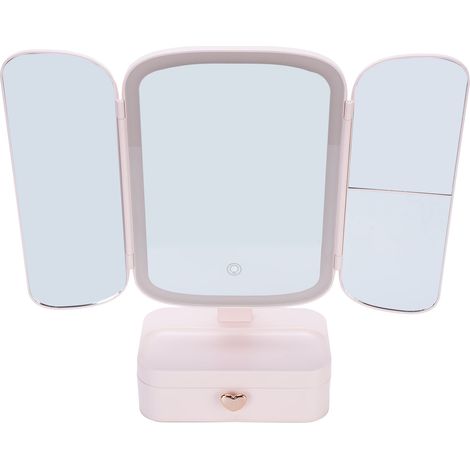 Desktop Lighted Makeup Mirror with Organizer 3 Color Temperature Dimming USB Rechargeable LED Light Folding Beauty Mirror for Bedroom (1/5)