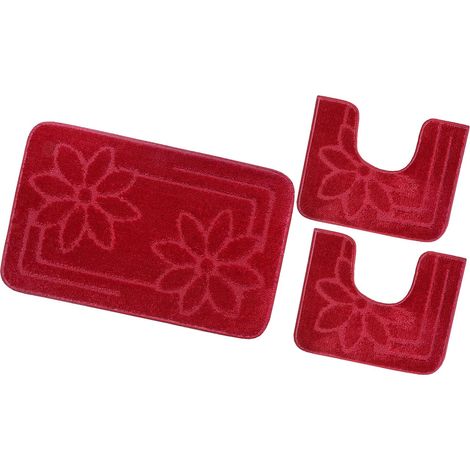 Tappeto Bagno Set 3 Pezzi Tinta Unita Antiscivolo Assorbente Scendietto 100% Made In Italy - Rosso