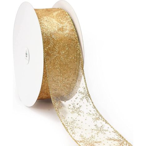 20M Ruban D'organza, Largeur De 6,3CM Ruban à Paillettes Transparent Filaire Flocon De Neige Rubans Métalliques Chatoyants Ruban De Tulle Artisanal pour Emballage Cadeau Couronne (Gold)