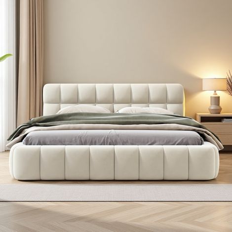 Lit double 160x200 cm, avec tête de lit en forme de guimauve, sommier à lattes en bois, cadre en métal, lit capitonné en coton et lin - Beige