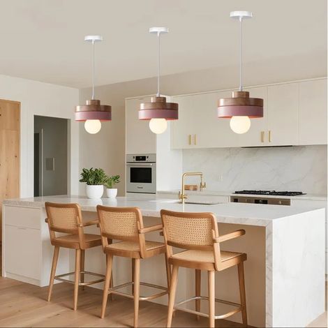 Lot de 4 Lustre Moderne en Bois 18cm,Lampe Suspension Vintage Abat-jour Design Cylindrique Rose E27 Luminaire Plafonnier Retro (1/5)