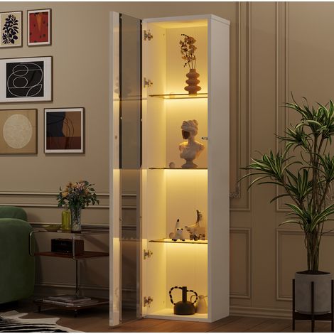 Vitrine 40x29x170 cm weiß aus Holzwerkstoff und Glas mit LED-Farbwechsel und 4 Ebenen (1/5)