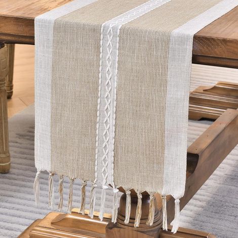 Broderie Coton Lin Chemin de Table Intérieur Extérieur Ferme Style Café Chemin de Table (33120cm) avec Glands à la Main pour la fête, Salle à Manger, Décorations de Cuisine (1/5)