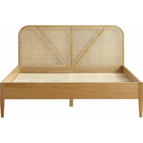 Lit adulte 180x200 cm en placage chêne avec tête de lit en bois massif et cannage naturel - Leonie (1/5)