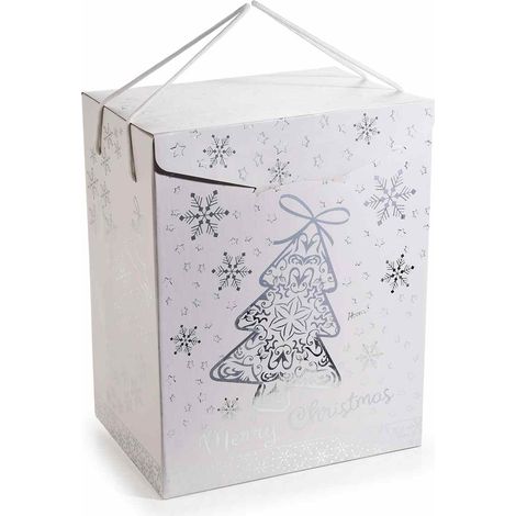 Scatole di Natale in cartone con stampa albero e fiocchi di neve simil argentati e con doppio manico, set da 5 pezzi, cm 28 x 20 x 35 H