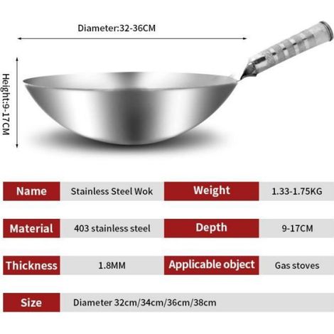 Couleur 32cm Wok en acier inoxydable, 1.8mm d'épaisseur, ustensile chinois traditionnel de haute qualité, an (1/4)
