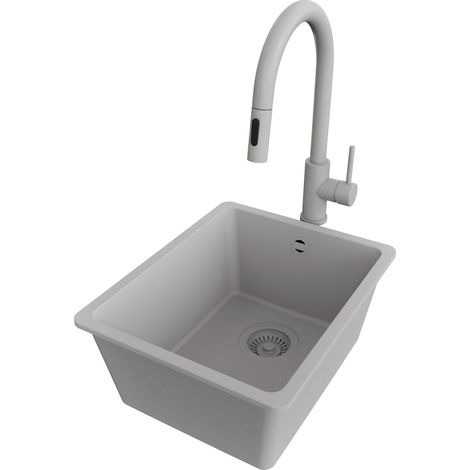 PRIMAGRAN Evier Cuisine en Granit 36x44cm,Lavabo 1 bac + Robinet 40x20cm + Kit de Vidage, Évier à Encastrer au meuble 40cm - Venise Slim Easy, Gris (1/5)