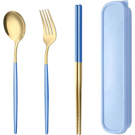 Couverts Portatifs - Ensemble de 3 Pièces Cuillère Fourchette Baguettes avec Étui de Voyage (1/5)