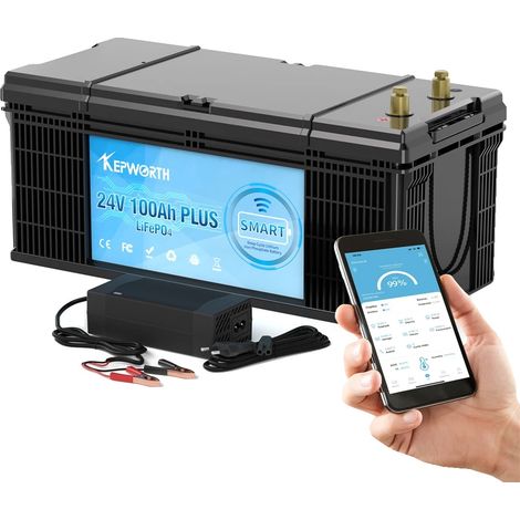 Batería de fosfato de hierro y litio, capacidad de 100 Ah, amplia compatibilidad, 24 V 100 Ah Bluetooth (1/2)