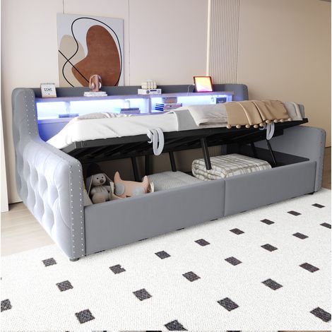 Lit banquette 90 x 200 cm capitonné en velours gris clair avec LED, rangement et charge USB-C (1/5)