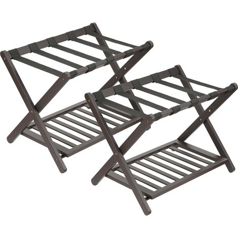 Porte-bagages pliable en bambou de qualité supérieure avec étagère de rangement – 5 sangles en nylon résistant – Supporte jusqu'à 68 kg – Support de valise gain de place pour chambre, chambre d'amis (1/5)