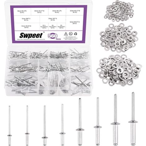 560 pièces argent 3/32 "1/8" 5/32 "3/16" rivets POP, combinaison avec rondelles de rechange en acier inoxydable, combinaison avec boîtier d'étiquette rivets aveugles en aluminium (1/5)