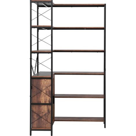 Étagère d'angle 6 niveaux, grande bibliothèque d'angle avec portes, organisateur en L avec structure métallique et étagères réglables, présentoir à livres pour maison et bureau (1/5)