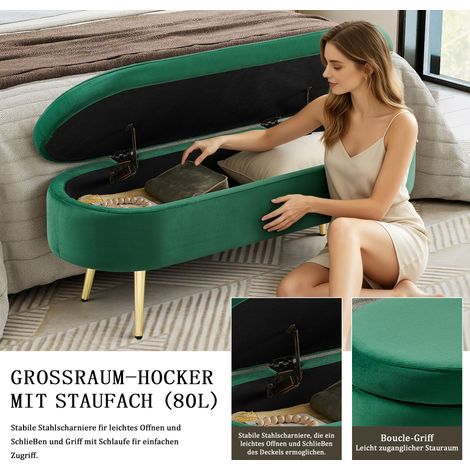 Banc, en velours, vert, 110 x 40 x 42 cm, pour chambre, pieds métalliques, assise pratique, usage maison et extérieur, format pratique