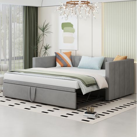 Ausziehbares Schlafsofa 90 x 200 cm auf 180 x 200 cm mit Lattenrost, grauer Samt HAVRYA (1/5)