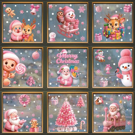 Autocollants décoratifs roses pour fenêtres, sapin de Noël, bonhomme de neige, autocollants pour fenêtres, cerf de Noël, flocons de neige, autocollants statiques